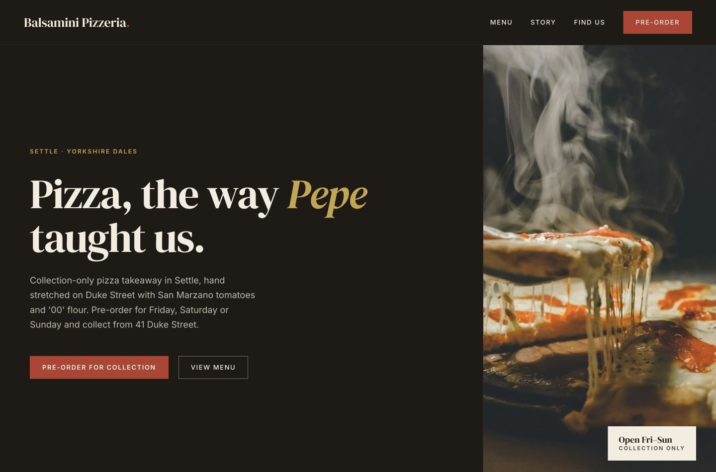 Balsamini homepage detail showing its food photography, menu button and pre-order for collection action