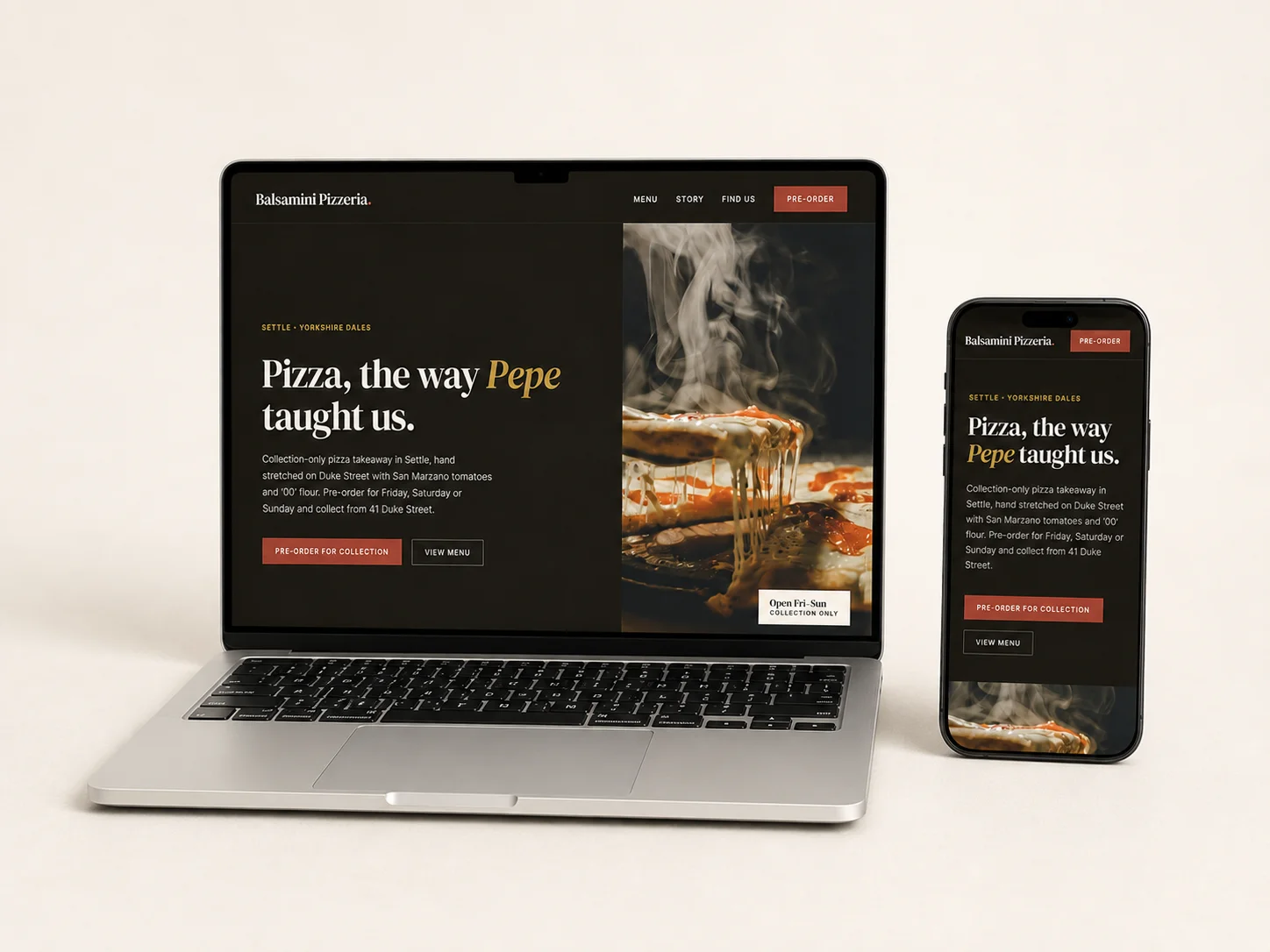 Balsamini Pizzeria desktop and mobile website on a laptop and phone