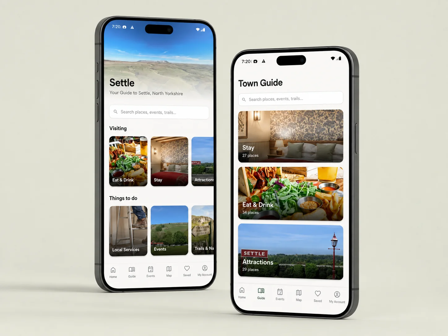 Pocket Guides Settle home and town guide screens presented on two phones